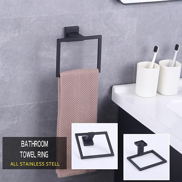 Black Hand Towel Holder SUS304 Stainless Steel Towel Hanger Towel Ring for Bathroom Lavatory Wall Mount Contemporary Style