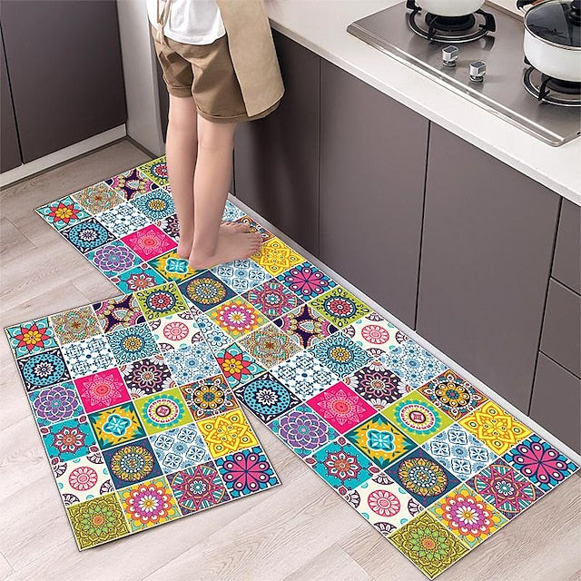 Boho Style Kitchen Mat Kitchen Rug Set of 2 Pcs,Perfect for Kitchen, Bathroom, Living Room, Soft, Absorbent Microfiber Material, Non-Slip, Easy Clean Machine Washable Floor Runner