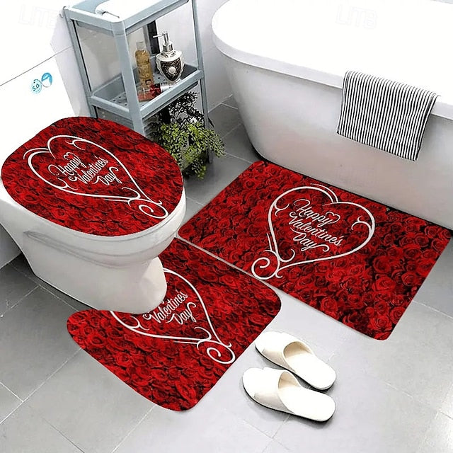 3 Piece Happy Valentine's Day Red heart love themed Bathroom Rug - non-slip washable kitchen bedroom and bathroom decorative mat - includes bath mat contouring mat and toilet lid cover accessories