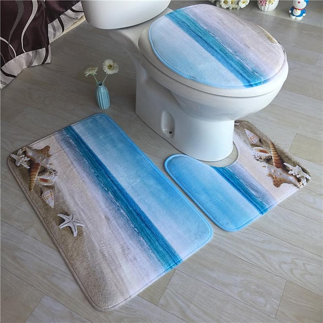 3Pcs/Set Bathroom Non-Slip Pedestal Rug + Lid Toilet Cover + Bath Mat Washable