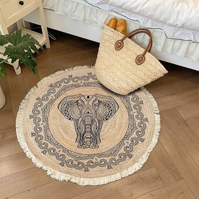 Hand Woven Cotton Linen Floor Mat Carpet Retro Bohemian Round Bedside Tassel Geometric Aubusson Doormat Area Rug Bedroom Decor Bathroom Mat Entrance Rug