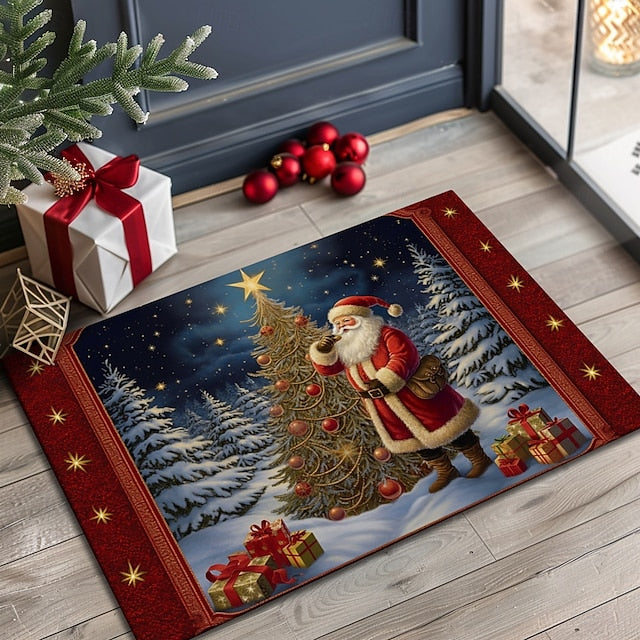 Christmas Decoration Doormat Xmas Santa Kitchen Mat Floor Mat Non-Slip Area Rug Oil Proof Rug Indoor Outdoor Mat Bedroom Decor Bathroom Mat Entrance Rug