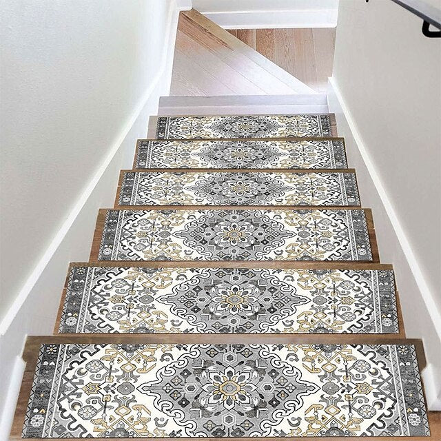 Step Tread Carpet Boho Style Non-Slip Carpet Stair Treads for Kids Elders and Pets Ethnic Design Stair Tread Mats