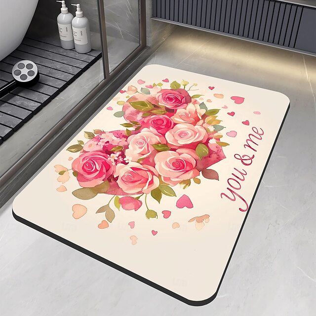 Valentine's Day Bathroom Rug, Polyester Fiber Rectangular Bath Mat, Super Absorbent, Non-Slip, Dirt-Resistant, and Easy to Clean Door Mat