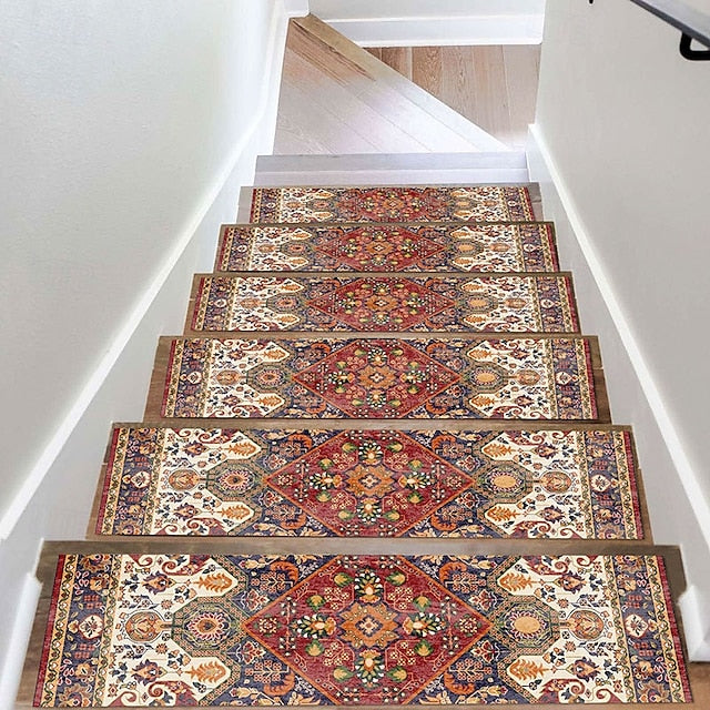 Step Tread Carpet Boho Style Non-Slip Carpet Stair Treads for Kids Elders and Pets Ethnic Design Stair Tread Mats