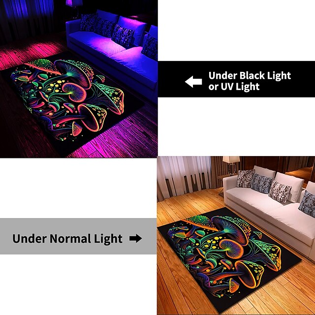 Fantasy Mushroom Blacklight Rug Carpet Floor Mat UV Reactive Glow in the Dark Rug Large Non-Slip Rug Mat Carpet for Room Decor