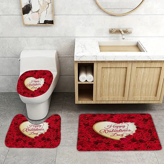 3pcs Romantic Valentine's Day love roses home bathroom floor mats Bath mat Snowman bathroom accessories rug Toilet mat Bathtub anti-slip carpet