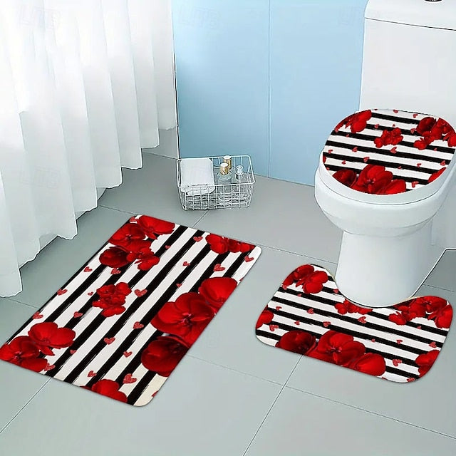 3pcs Romantic Valentine's Day love roses home bathroom floor mats Bath mat Snowman bathroom accessories rug Toilet mat Bathtub anti-slip carpet