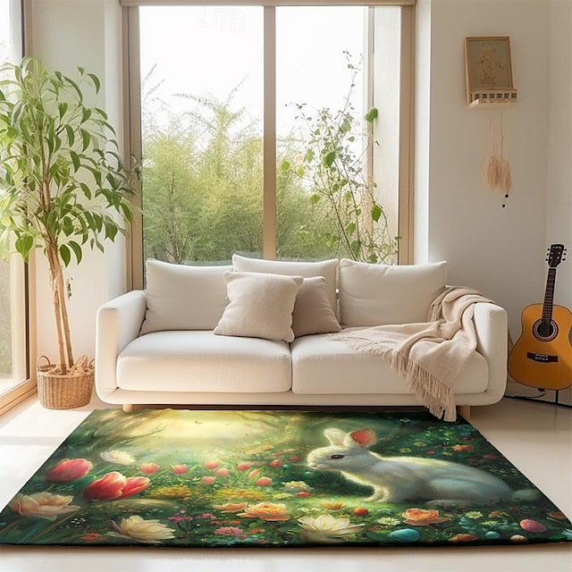 Forest Easter Bunny Area Rug Kitchen Mat Non-Slip Oil Proof Floor Mat Livingroom Rug Indoor Outdoor Mat Bedroom Decor Bathroom Mat Entrance Rug Door Mat