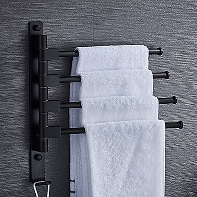 Matte Black Towel Bar with Hook,Self Adhesive Wall Mounted Swing Arm Contemporary Aluminum Multi Rods Towel Bar 1PC