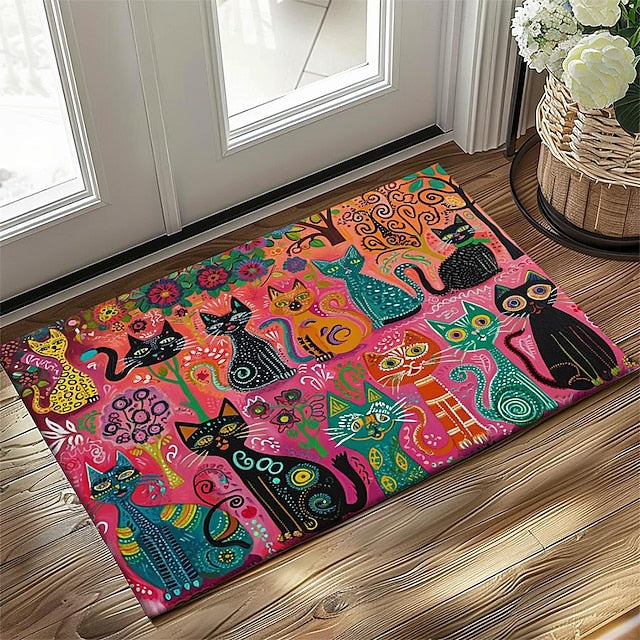 Folk Art Cats Doormat Kitchen Mat Floor Mat Non-Slip Area Rug Oil Proof Rug Indoor Outdoor Mat Bedroom Decor Bathroom Mat Entrance Entreyway Rug