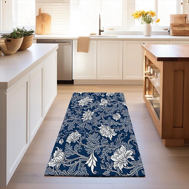 Blue Flower Area Rug Kitchen Mat Non-Slip Oil Proof Floor Mat Livingroom Rug Indoor Outdoor Mat Bedroom Decor Bathroom Mat Entrance Rug Door Mat Bird Tree of Life