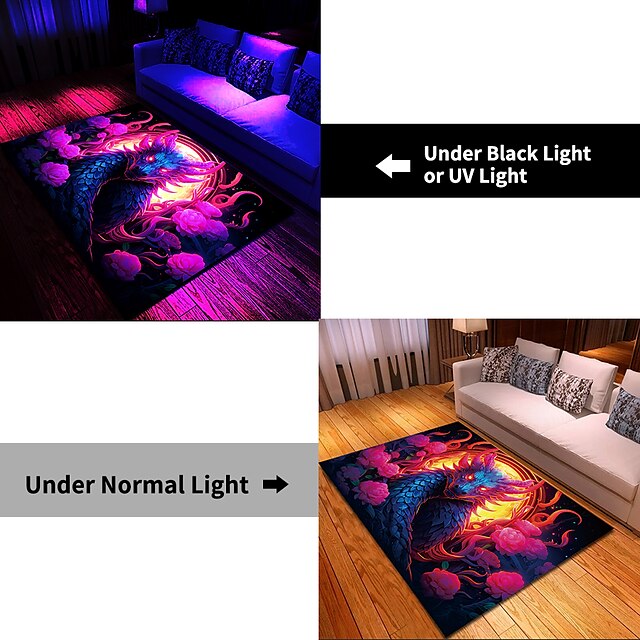 Blacklight Rug UV Reactive Glow in the Dark Area Rug Kitchen Mat Non-Slip Oil Proof Creepy Dragon Floor Mat Livingroom Rug Indoor Outdoor Mat Bedroom Decor Bathroom Mat Entrance Rug Door Mat