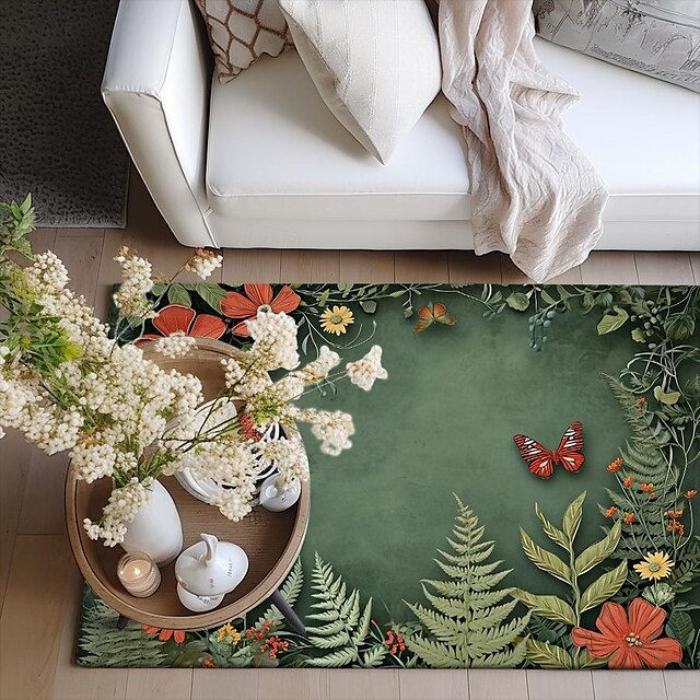 Green Butterfly Plant Area Rug Kitchen Mat Non-Slip Oil Proof Floor Mat Livingroom Rug Indoor Outdoor Mat Bedroom Decor Bathroom Mat Entrance Rug Door Mat