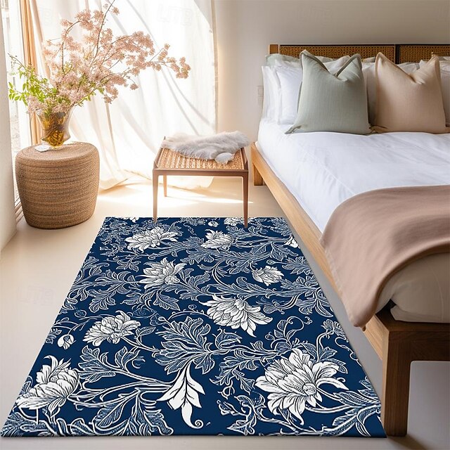 Blue Flower Area Rug Kitchen Mat Non-Slip Oil Proof Floor Mat Livingroom Rug Indoor Outdoor Mat Bedroom Decor Bathroom Mat Entrance Rug Door Mat Bird Tree of Life