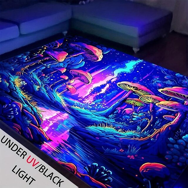 Mushroom Forest Blacklight Rug Carpet Floor Mat UV Reactive Glow in the Dark Rug Large Non-Slip Rug Mat Carpet for Room Decor