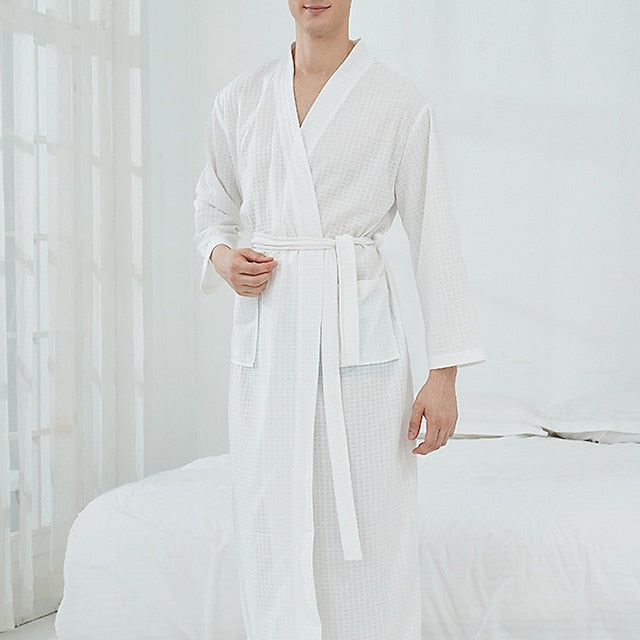 Men's Pajamas Robe Bathrobe Robes Gown Pure Color Stylish Casual Comfort Home Bathing Waffle Fabric Comfort Warm Long Robe Pocket Winter Fall Black White