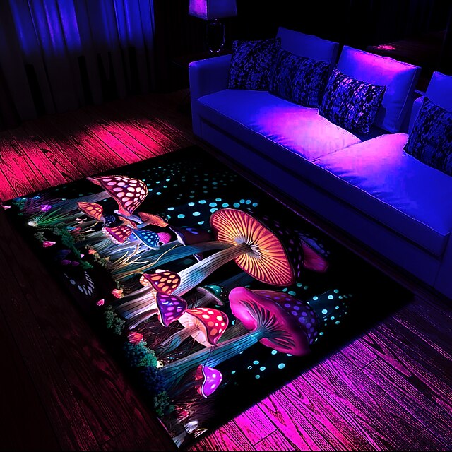 Fantasy Mushroom Blacklight Rug Carpet Floor Mat UV Reactive Glow in the Dark Rug Large Non-Slip Rug Mat Carpet for Room Decor