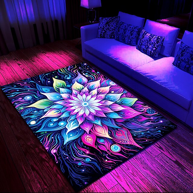 Blacklight Rug UV Reactive Glow in the Dark Area Rug Kitchen Mat Non-Slip Oil Proof Trippy Mandala Floor Mat Livingroom Rug Indoor Outdoor Mat Bedroom Decor Bathroom Mat Entrance Rug Door Mat