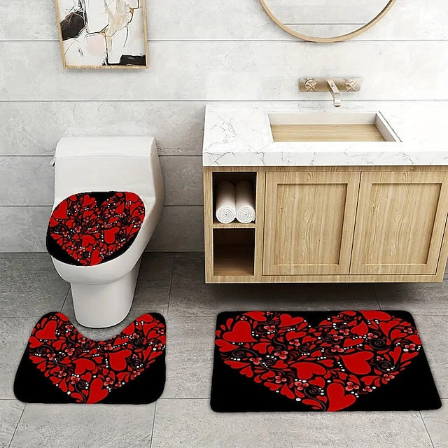 3 Piece Happy Valentine's Day Red heart love themed Bathroom Rug - non-slip washable kitchen bedroom and bathroom decorative mat - includes bath mat contouring mat and toilet lid cover accessories