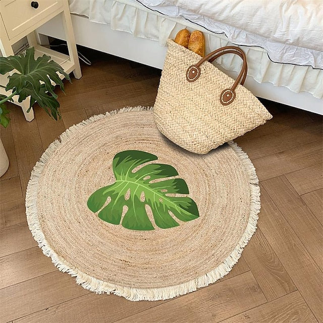 Hand Woven Cotton Linen Floor Mat Carpet Retro Bohemian Round Bedside Tassel Geometric Aubusson Doormat Area Rug Bedroom Decor Bathroom Mat Entrance Rug