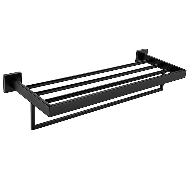 Towel Rack Multifunction Premium Design Stainless Steel Bathroom Shelf Wall Mounted Matte Black 1pc