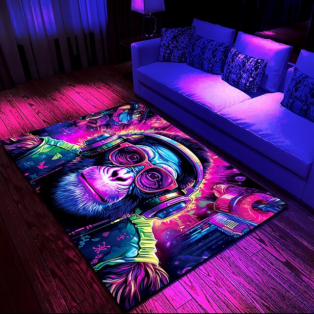 Blacklight Rug UV Reactive Glow in the Dark Area Rug Kitchen Mat Non-Slip Oil Proof Chimpanzees DJ Floor Mat Livingroom Rug Indoor Outdoor Mat Bedroom Decor Bathroom Mat Entrance Rug Door Mat