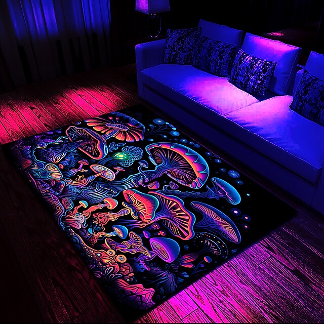 Fantasy Mushroom Blacklight Rug Carpet Floor Mat UV Reactive Glow in the Dark Rug Large Non-Slip Rug Mat Carpet for Room Decor