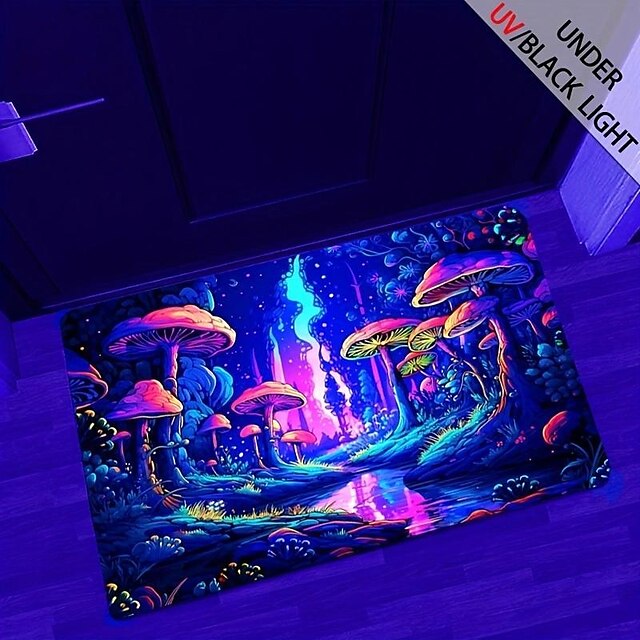 Mushroom Forest Blacklight Rug Carpet Floor Mat UV Reactive Glow in the Dark Rug Large Non-Slip Rug Mat Carpet for Room Decor