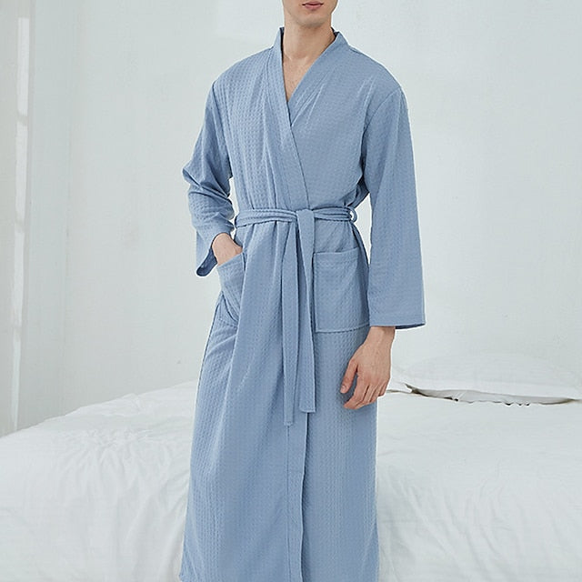 Men's Pajamas Robe Bathrobe Robes Gown Pure Color Stylish Casual Comfort Home Bathing Waffle Fabric Comfort Warm Long Robe Pocket Winter Fall Black White