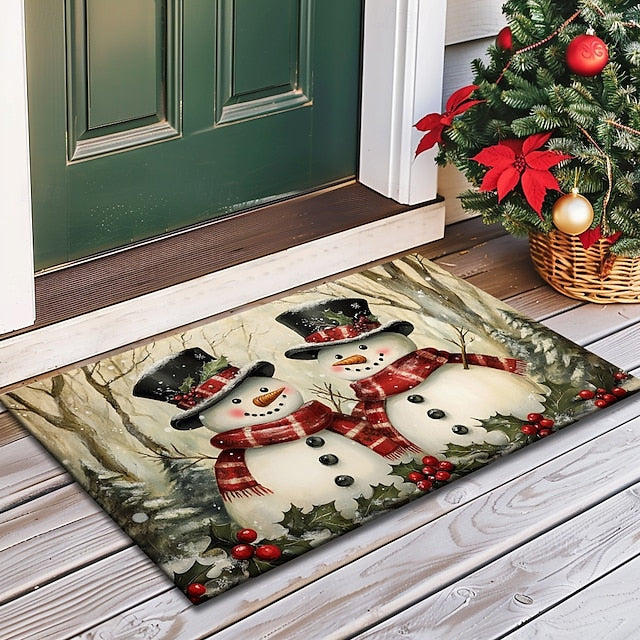 Christmas Decoration Doormat Xmas Snowman Couple Kitchen Mat Floor Mat Non-Slip Area Rug Oil Proof Rug Indoor Outdoor Mat Bedroom Decor Bathroom Mat Entrance Rug