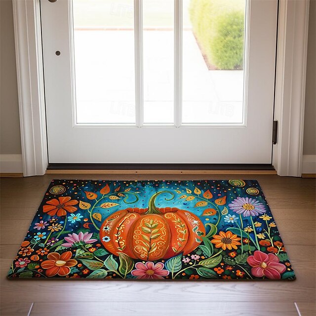 Autumn Pumpkin Folk Art Doormat Kitchen Mat Floor Mat Non-Slip Area Rug Oil Proof Rug Indoor Outdoor Mat Bedroom Decor Bathroom Mat Entrance Rug