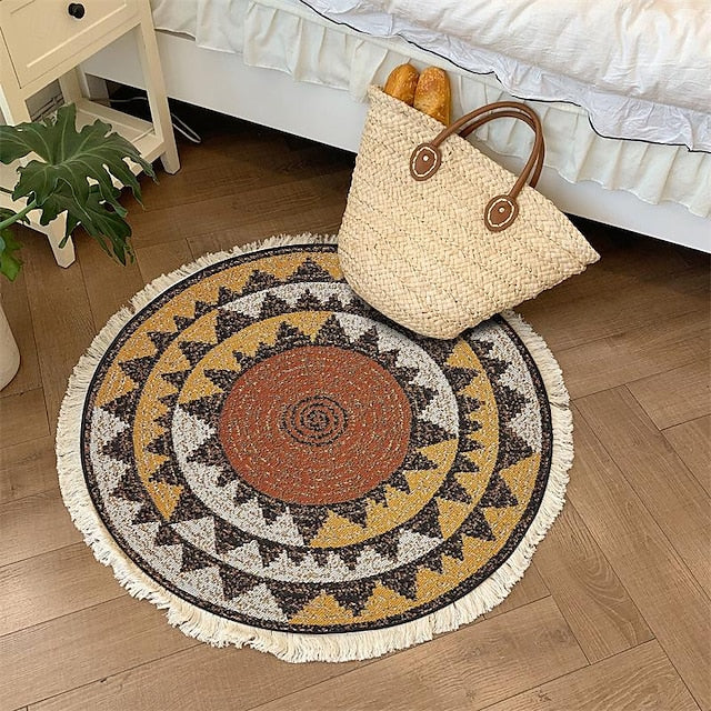 Hand Woven Cotton Linen Floor Mat Carpet Retro Bohemian Round Bedside Tassel Geometric Aubusson Doormat Area Rug Bedroom Decor Bathroom Mat Entrance Rug