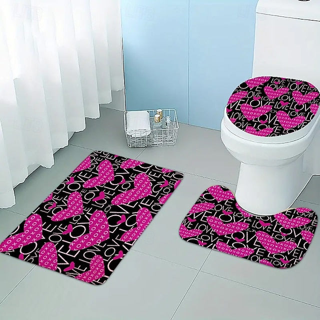 3 Piece Happy Valentine's Day Red heart love themed Bathroom Rug - non-slip washable kitchen bedroom and bathroom decorative mat - includes bath mat contouring mat and toilet lid cover accessories