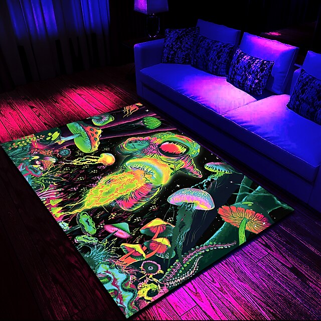 Fantasy Mushroom Blacklight Rug Carpet Floor Mat UV Reactive Glow in the Dark Rug Large Non-Slip Rug Mat Carpet for Room Decor