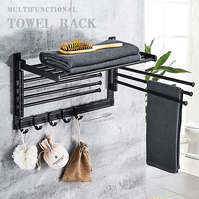 Stainless Steel Towel Rack,Bathroom Towel Rack with Shelf,Foldable Towel Shelf with Movable Hooks Rustproof Towel Storage Wall Mount for Bathroom Lavatory Matte Black