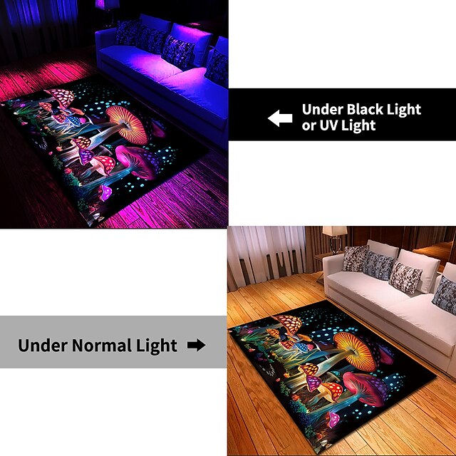 Fantasy Mushroom Blacklight Rug Carpet Floor Mat UV Reactive Glow in the Dark Rug Large Non-Slip Rug Mat Carpet for Room Decor