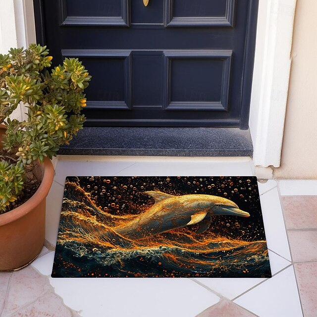 Gold Dolphin Doormat Non-Slip Oil Proof Rug Indoor Outdoor Mat Bedroom Decor Bathroom Mat Entrance Rug Door Mat