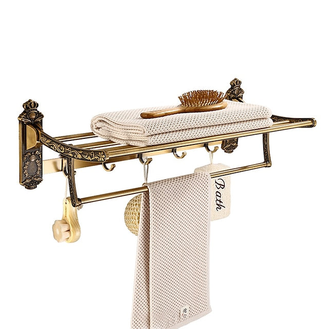 Multifunction Carved Towel Bar Antique Aluminum Bathroom Shelf with 5 Hooks Wall Mounted 1pc