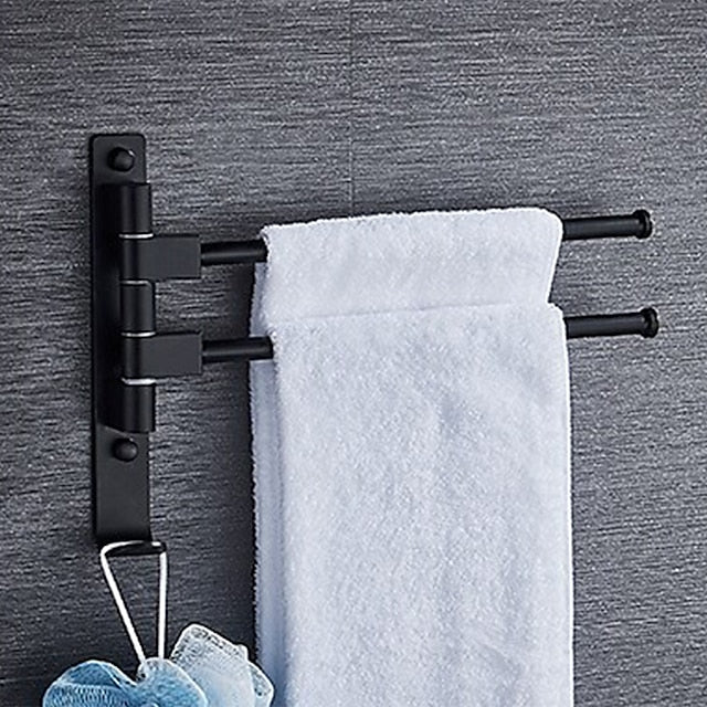 Matte Black Towel Bar with Hook,Self Adhesive Wall Mounted Swing Arm Contemporary Aluminum Multi Rods Towel Bar 1PC