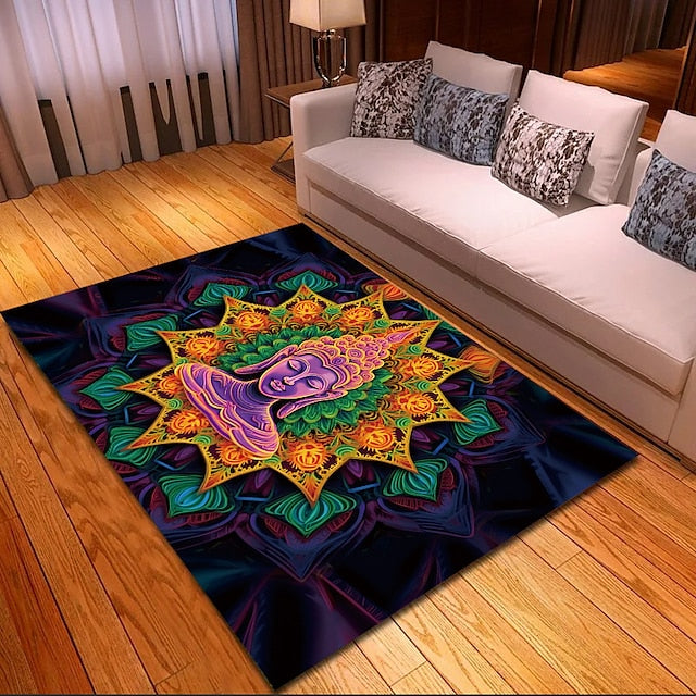 Blacklight Rug UV Reactive Glow in the Dark Area Rug Kitchen Mat Non-Slip Oil Proof Trippy Buddha Floor Mat Livingroom Rug Indoor Outdoor Mat Bedroom Decor Bathroom Mat Entrance Rug Door Mat