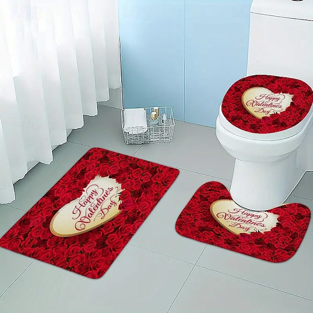 3pcs Romantic Valentine's Day love roses home bathroom floor mats Bath mat Snowman bathroom accessories rug Toilet mat Bathtub anti-slip carpet