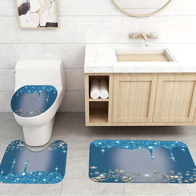 Bathroom Shower Curtain, Sparkling Diamond-Pattern Bathroom Curtain With 12 Hooks, Bathroom Non Slip Rugs, Toilet Cover Mat