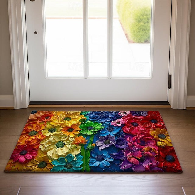 Valentine's Day Rainbow Flowers Doormat Non-Slip Oil Proof Rug Indoor Outdoor Mat Bedroom Decor Bathroom Mat Entrance Rug Door Mat