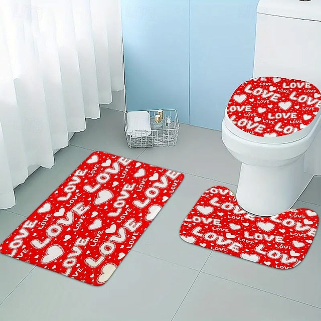 3 Piece Happy Valentine's Day Red heart love themed Bathroom Rug - non-slip washable kitchen bedroom and bathroom decorative mat - includes bath mat contouring mat and toilet lid cover accessories