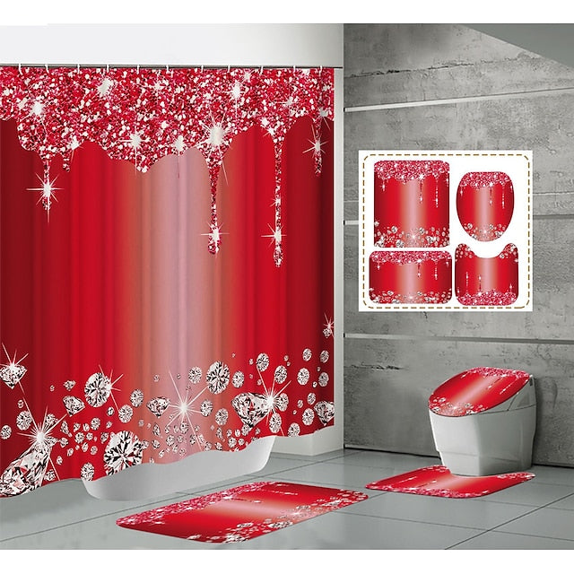 Bathroom Shower Curtain, Sparkling Diamond-Pattern Bathroom Curtain With 12 Hooks, Bathroom Non Slip Rugs, Toilet Cover Mat