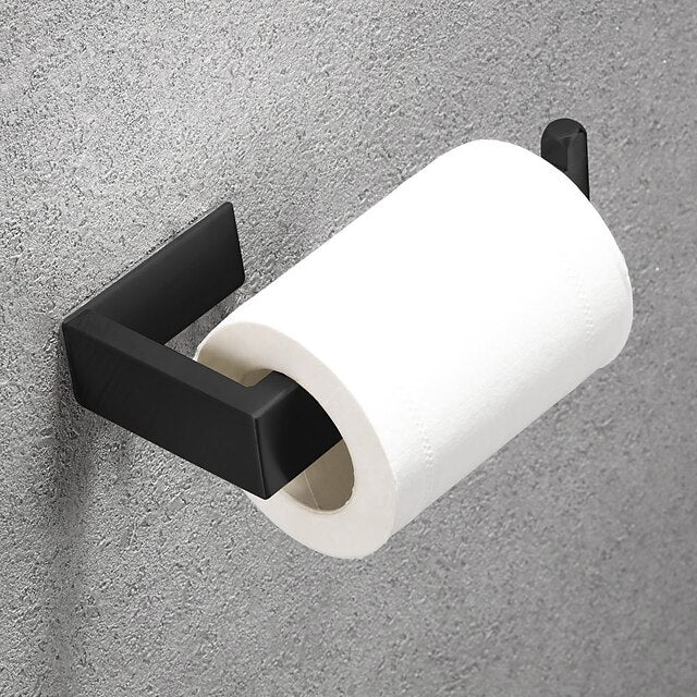 Bathroom Accessory Set, Self-adhesive Matte Black Stainless Steel Hardware Include Robe Hook, Towel Bar, Towel Holder, Toilet Paper Holder,for Home and Hotel