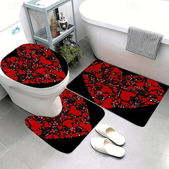 3 Piece Happy Valentine's Day Red heart love themed Bathroom Rug - non-slip washable kitchen bedroom and bathroom decorative mat - includes bath mat contouring mat and toilet lid cover accessories