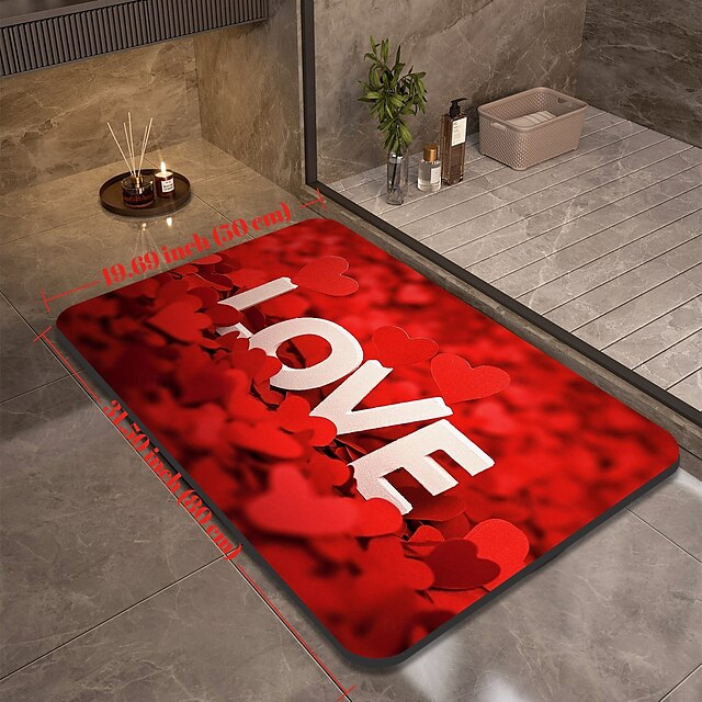 Valentine's Day Bathroom Rug, Polyester Fiber Rectangular Bath Mat, Super Absorbent, Non-Slip, Dirt-Resistant, and Easy to Clean Door Mat