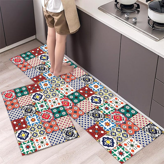 Boho Style Kitchen Mat Kitchen Rug Set of 2 Pcs,Perfect for Kitchen, Bathroom, Living Room, Soft, Absorbent Microfiber Material, Non-Slip, Easy Clean Machine Washable Floor Runner